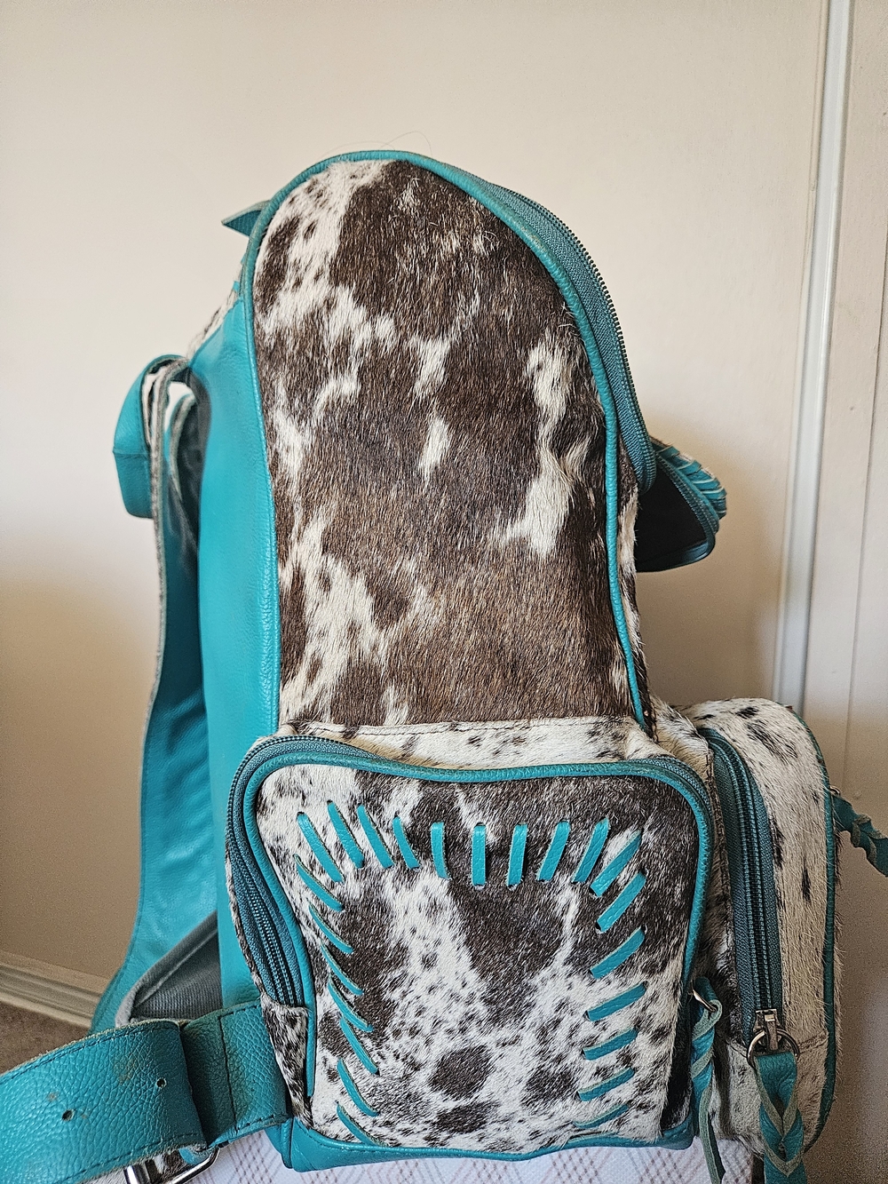 Turquoise-Trim Cowhide Backpack - Picture 2 of 9